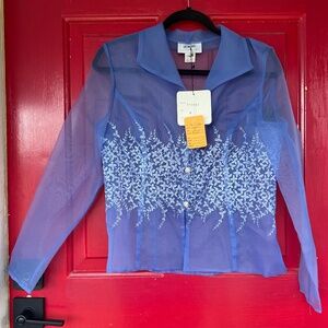 Women's @nite At nite Size 8 Jacket Sheer Blue Embroidered Tops Long Sleeve Tags